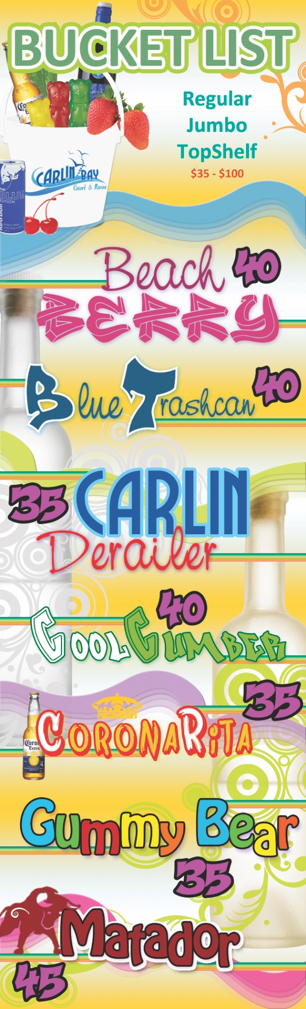 Carlin Bay Bucket List bar menu